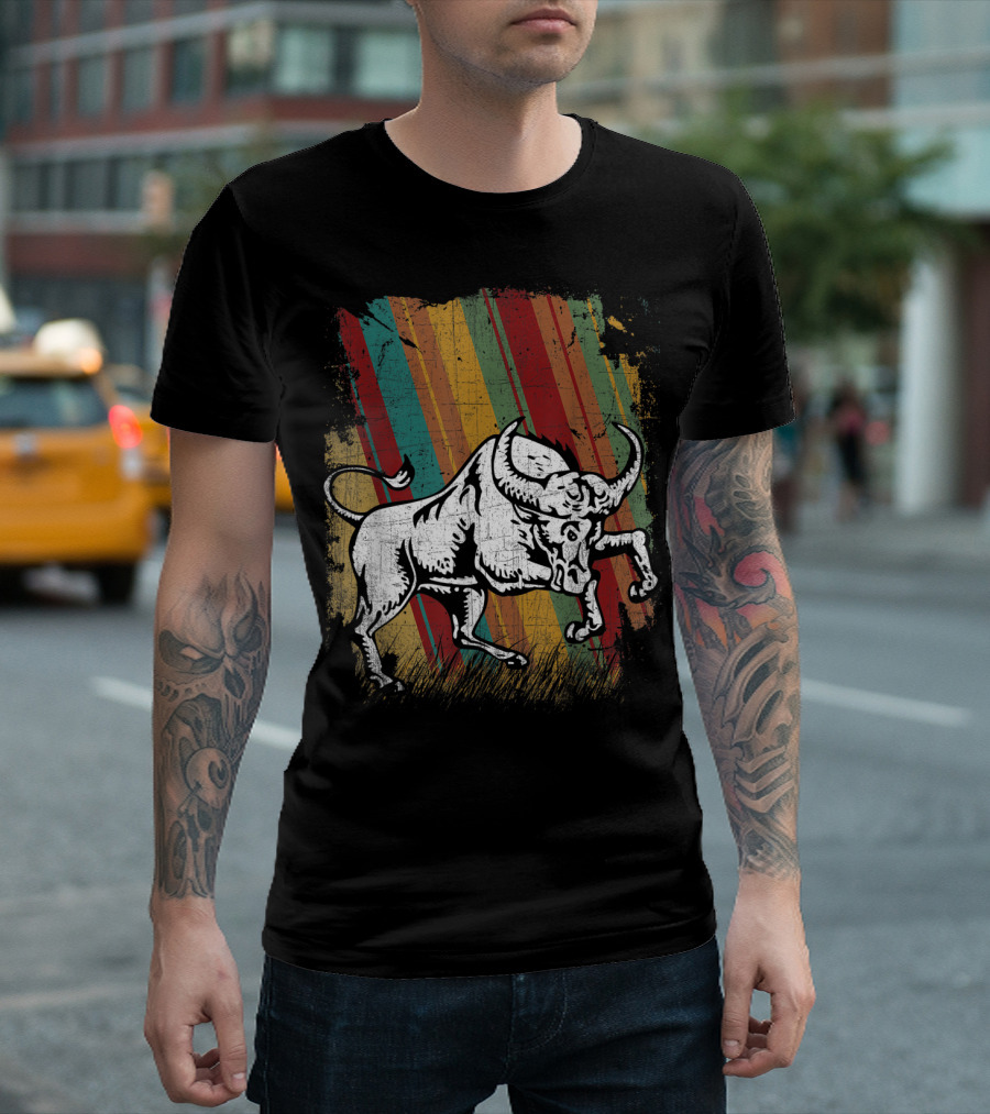 Retro Distressed Grunge Buffalo with Vintage Color Stripes T-Shirt