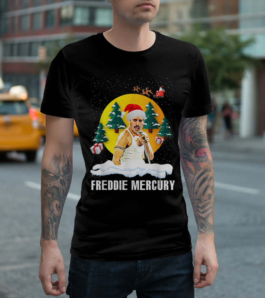 All I Want For Christmas Is Freddie Mercury Santa Festive Trees and Gifts T-Shirt