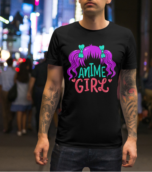 Anime Girl Purple Hair With Green Bows And Hearts T-Shirt
