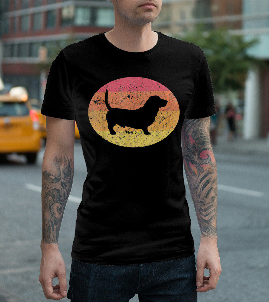 Basset Hound Silhouette Retro Vintage Dog Sunset Oval T-Shirt