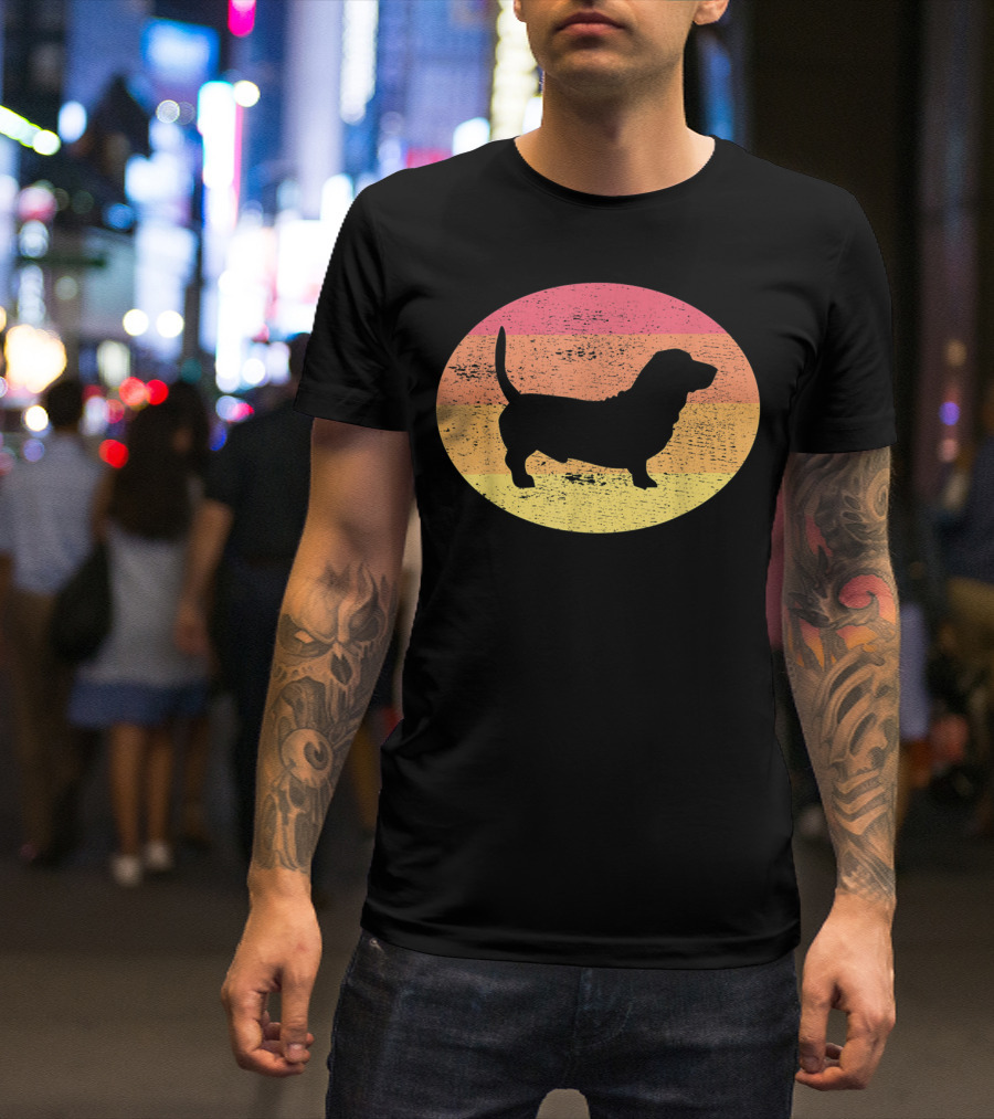 Basset Hound Silhouette Retro Vintage Dog Sunset Oval T-Shirt