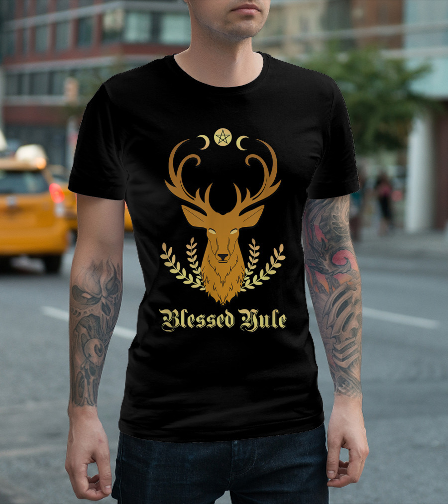Blessed Yule Christmas Stag Pentacle Triple Moon T-Shirt