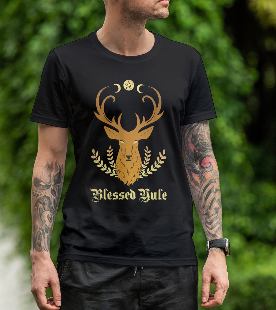 Blessed Yule Christmas Stag Pentacle Triple Moon T-Shirt