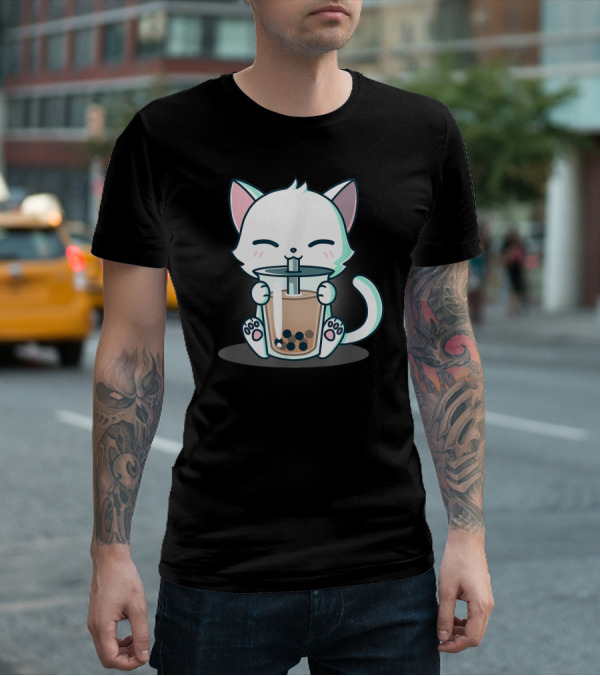 Kawaii Boba Cat Happy Kitten Drinking Bubble Tea Mood T-Shirt