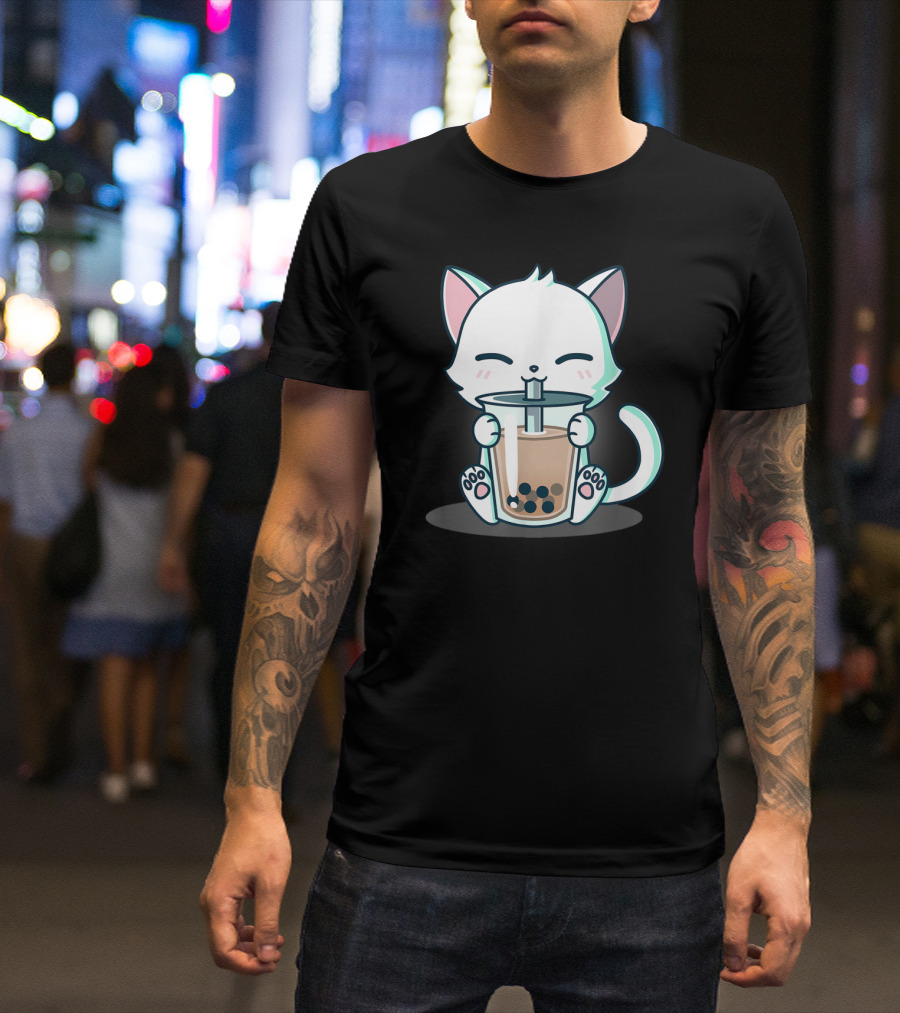 Kawaii Boba Cat Happy Kitten Drinking Bubble Tea Mood T-Shirt