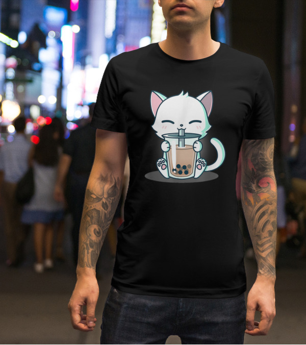 Kawaii Boba Cat Happy Kitten Drinking Bubble Tea Mood T-Shirt