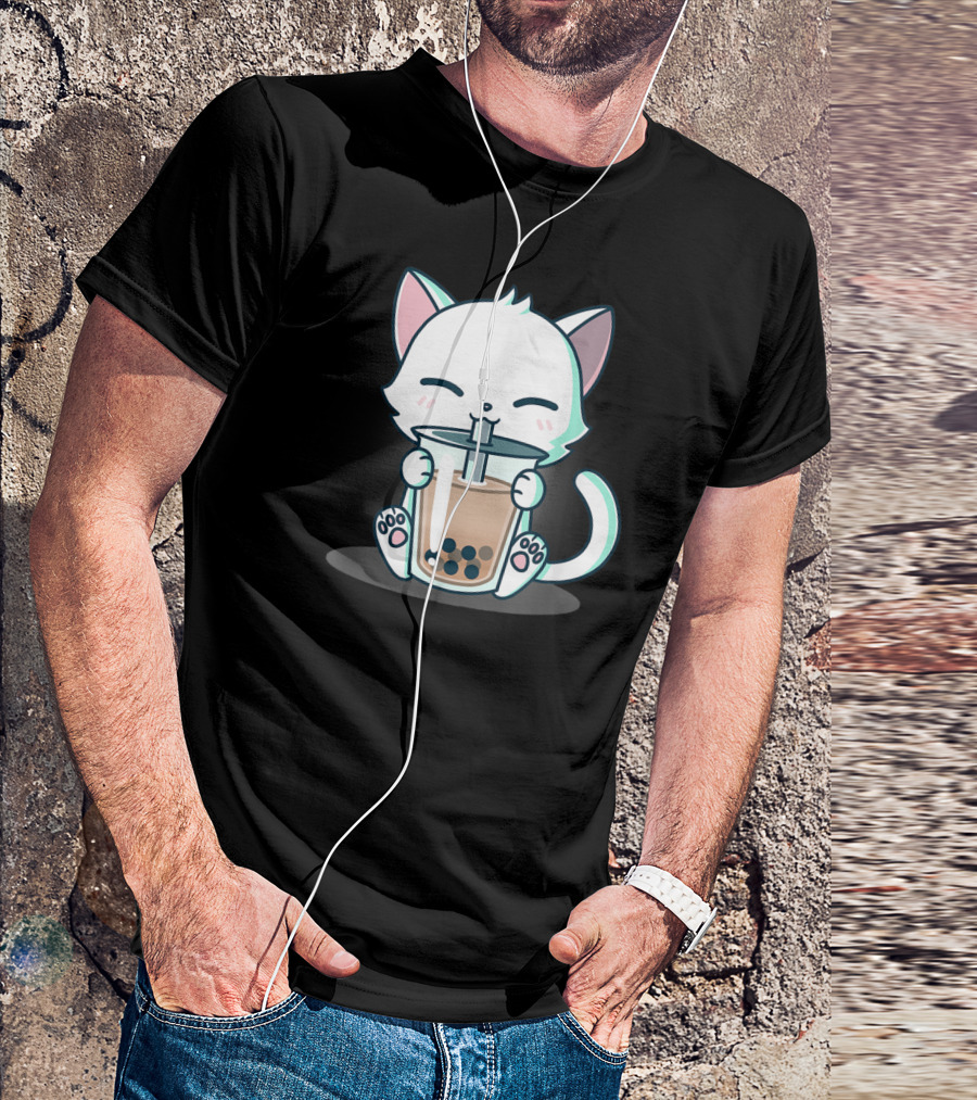 Kawaii Boba Cat Happy Kitten Drinking Bubble Tea Mood T-Shirt