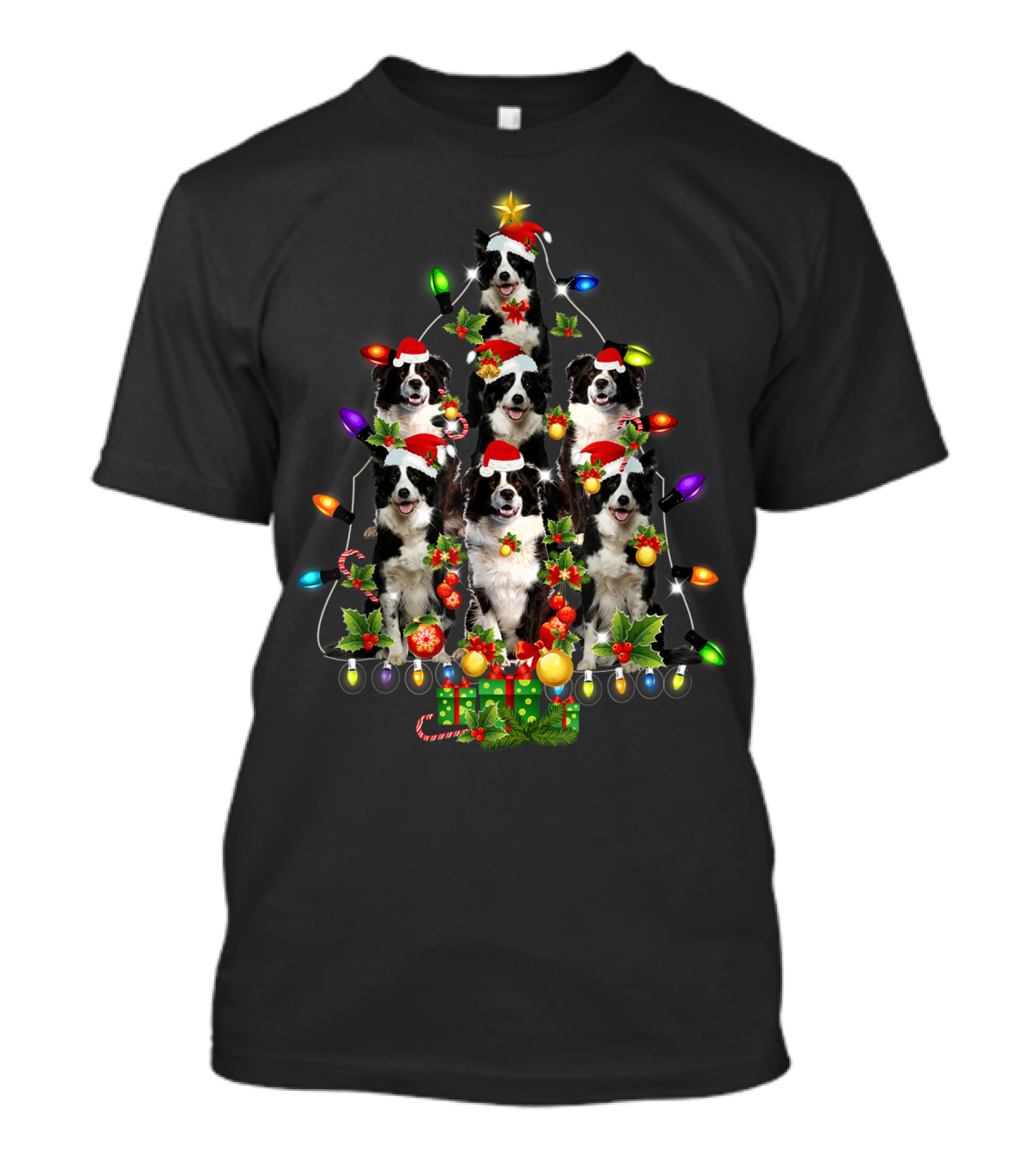 Border Collie Christmas Lights Festive Santa Hat Tree T-Shirt