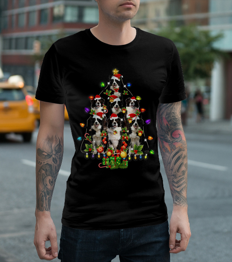 Border Collie Christmas Lights Festive Santa Hat Tree T-Shirt