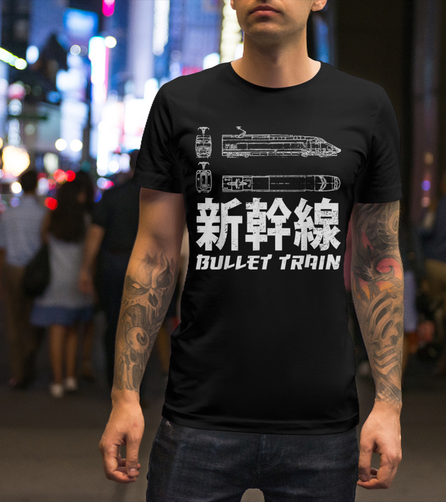Shinkansen Bullet Train Blueprint Japanese Text T-Shirt