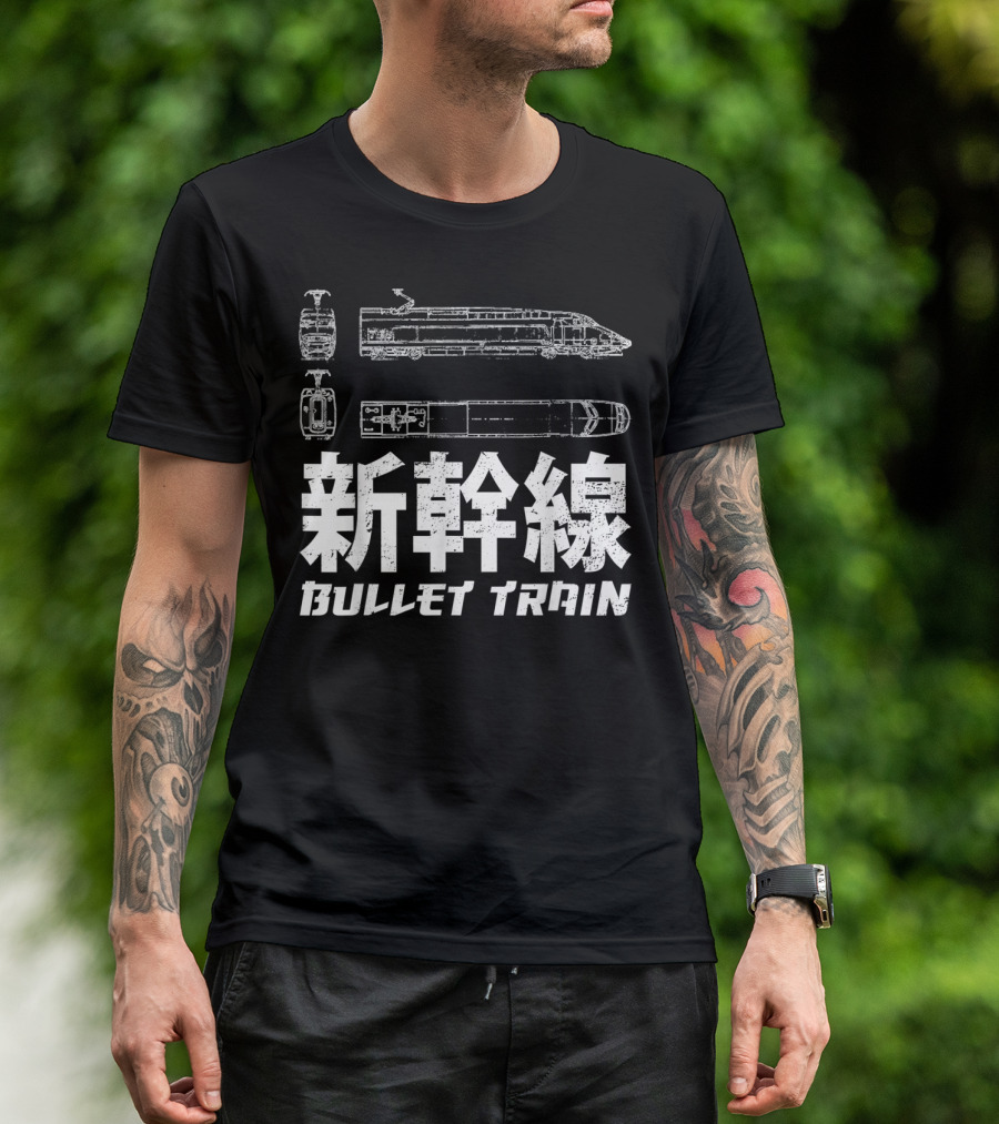 Shinkansen Bullet Train Blueprint Japanese Text T-Shirt