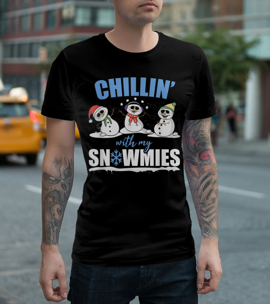 Chillin' With My Snowmies Christmas Snowman Trio in Santa Hats and Scarves T-Shirt