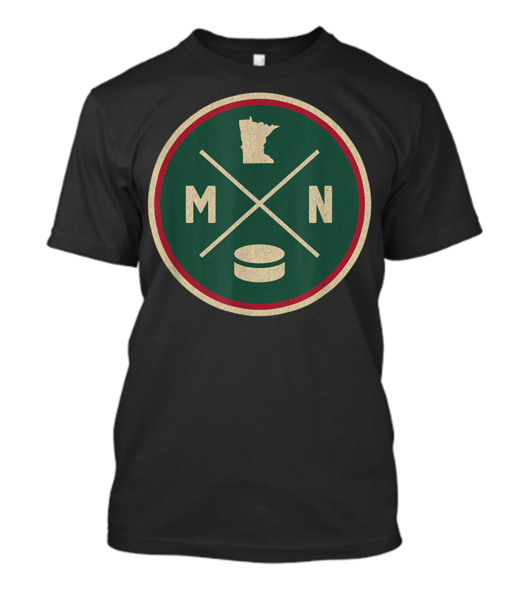 MN Hockey State Outline With Puck And Crossed Sticks Retro T-Shirt