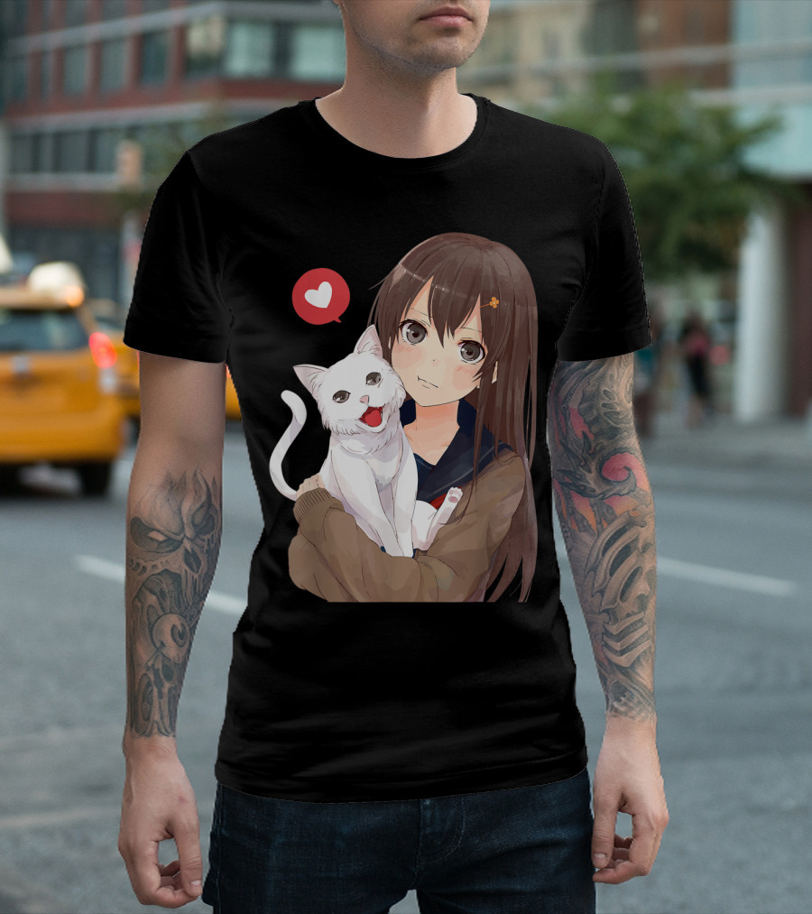 Cute Anime Girl with Adorable White Kitty Cat and Heart T-Shirt