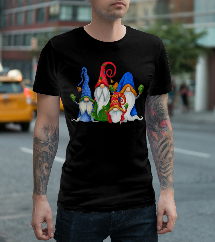 Cute Four 4 Nordic Gnomes Christmas Elves with Colorful Hats and Beards T-Shirt