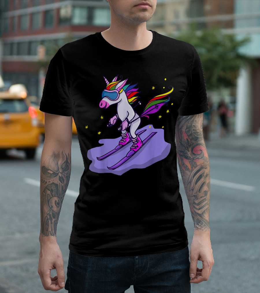 Cute Unicorn Skiing In Rainbow T-Shirt