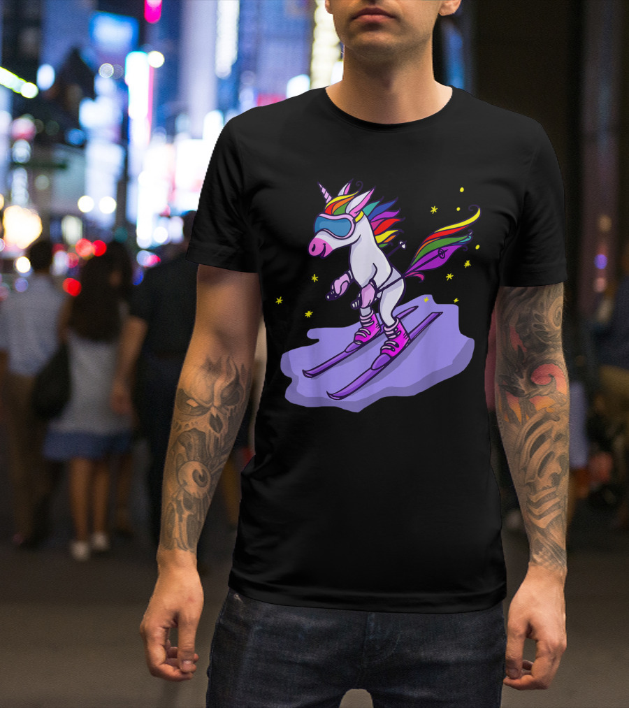 Cute Unicorn Skiing In Rainbow T-Shirt