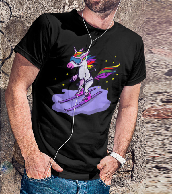 Cute Unicorn Skiing In Rainbow T-Shirt