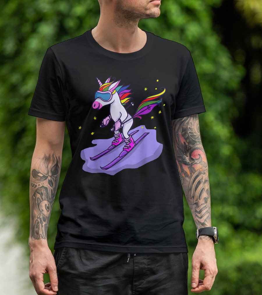 Cute Unicorn Skiing In Rainbow T-Shirt