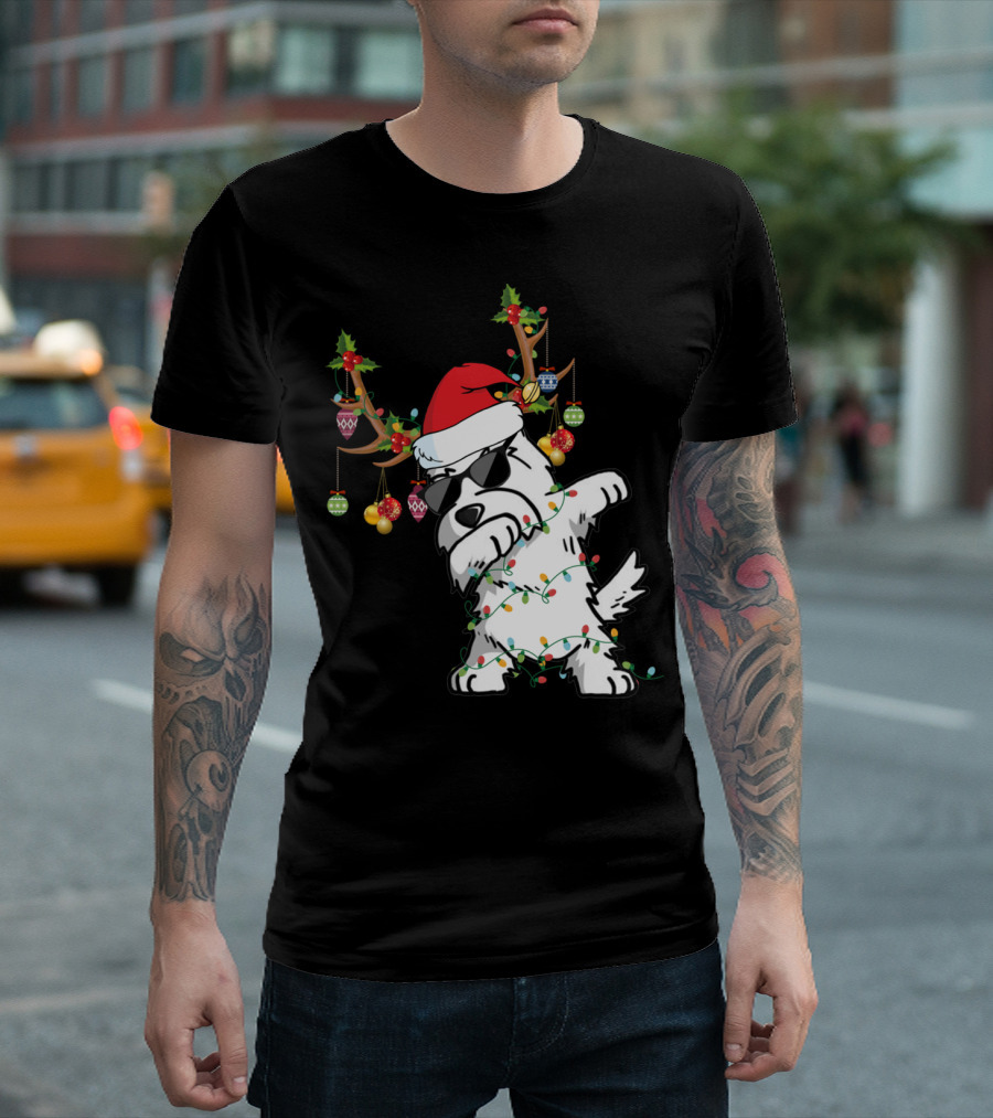 Dabbing Westie Dog Christmas Lights Santa Hat Reindeer Antlers Ornaments T-Shirt