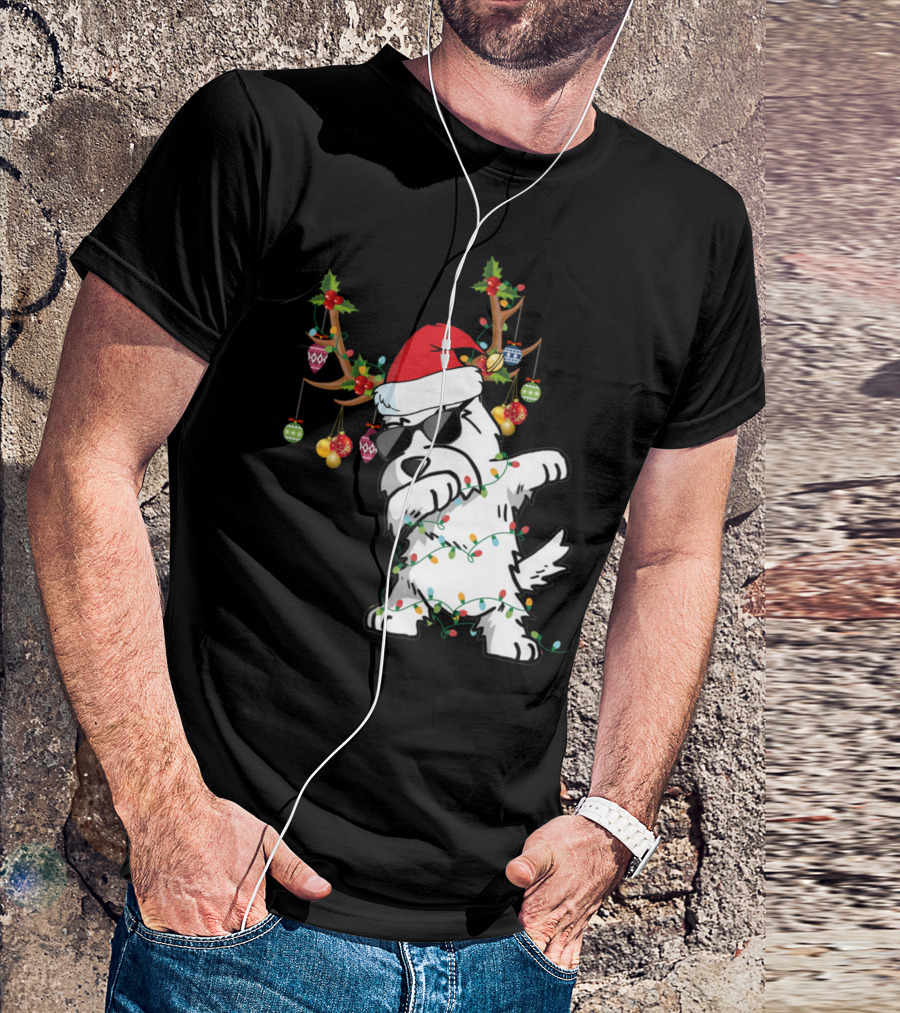 Dabbing Westie Dog Christmas Lights Santa Hat Reindeer Antlers Ornaments T-Shirt