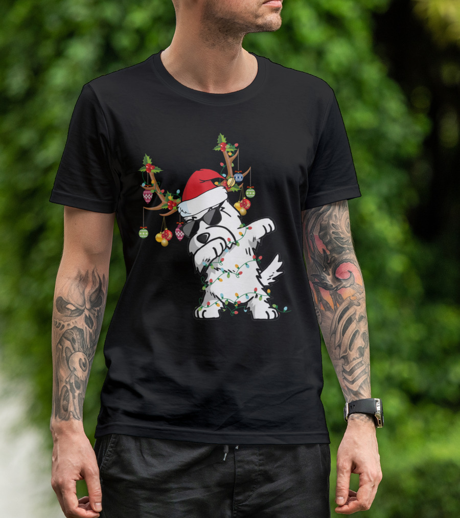 Dabbing Westie Dog Christmas Lights Santa Hat Reindeer Antlers Ornaments T-Shirt