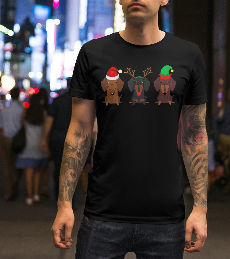 Dachshund Christmas Mom Women Weiner Dog With Santa Hat Reindeer Antlers Elf Hat T-Shirt
