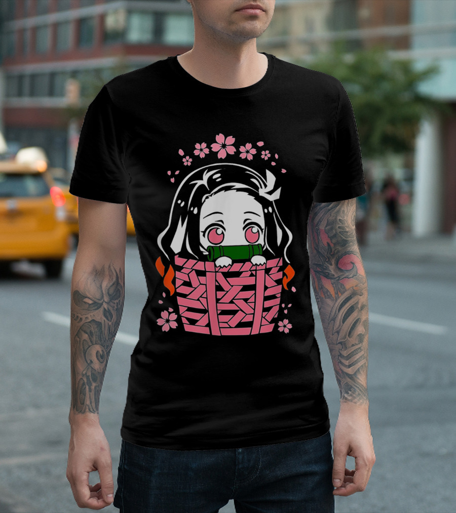 Nezuko Kamado Kawaii Chibi With Bamboo Mouthpiece And Cherry Blossoms Demon Slayer Anime T-Shirt