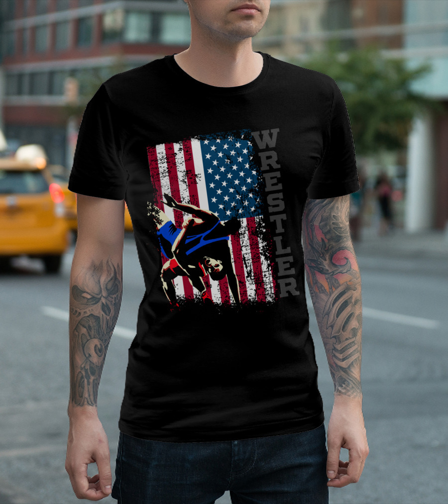 Wrestler Distressed American Flag Wrestling T-Shirt