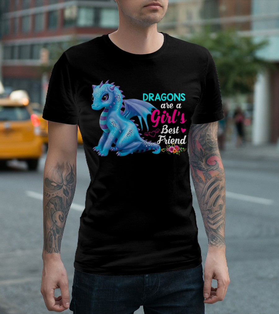 Dragons Are A Girl's Best Friend Cute Blue Dragon With Hearts And Flowers T-Shirt