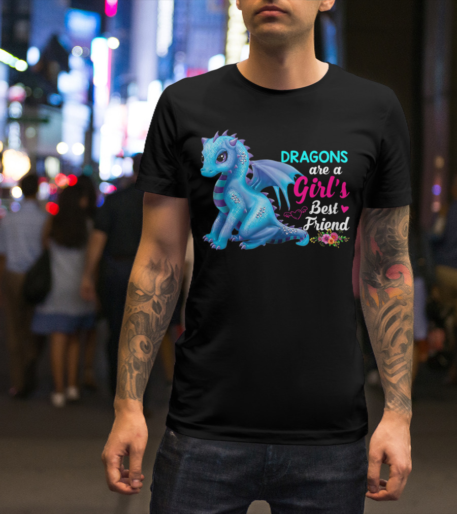 Dragons Are A Girl's Best Friend Cute Blue Dragon With Hearts And Flowers T-Shirt