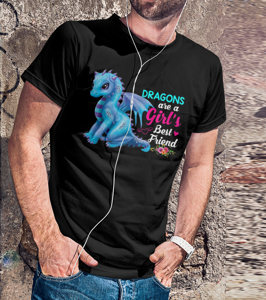 Dragons Are A Girl's Best Friend Cute Blue Dragon With Hearts And Flowers T-Shirt