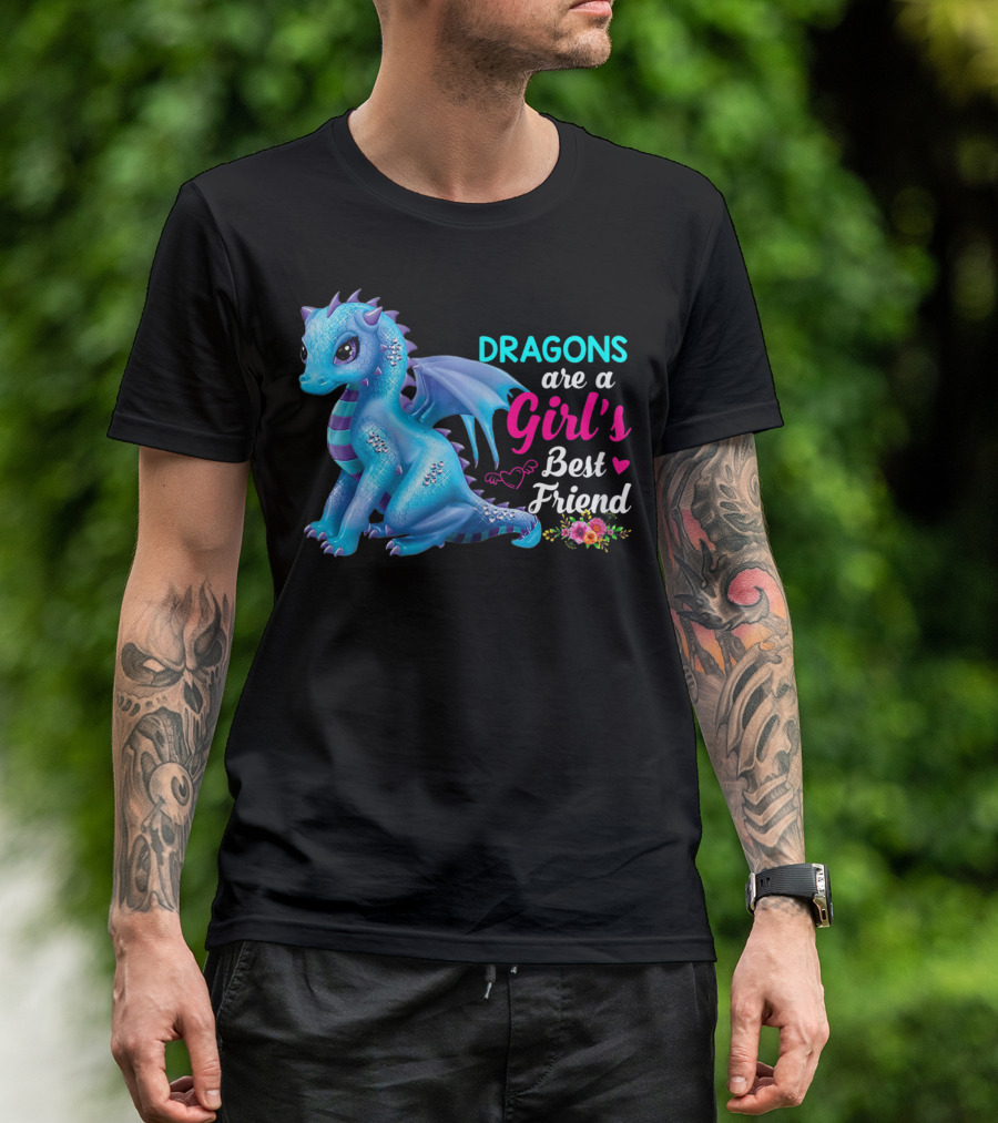 Dragons Are A Girl's Best Friend Cute Blue Dragon With Hearts And Flowers T-Shirt