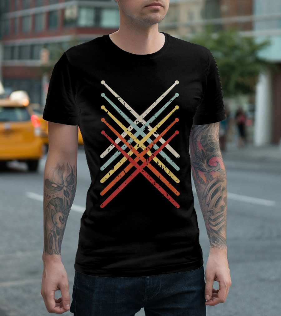 Vintage Drum Sticks Crossed Retro American Flag T-Shirt