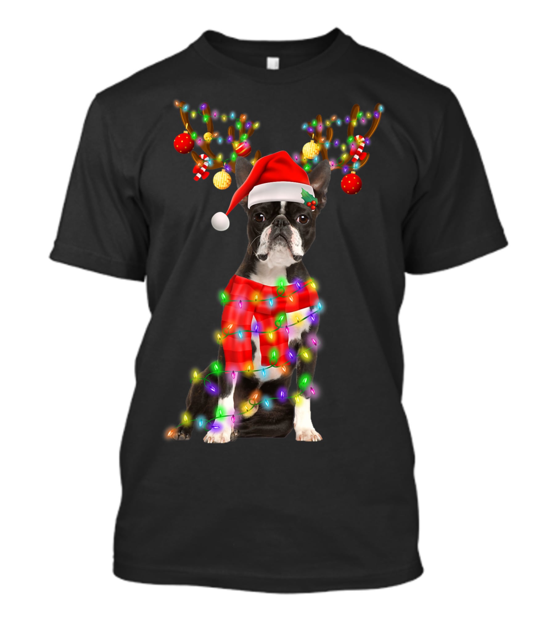 Funny Boston Terrier Christmas Reindeer With Santa Hat And Holiday Lights T-Shirt
