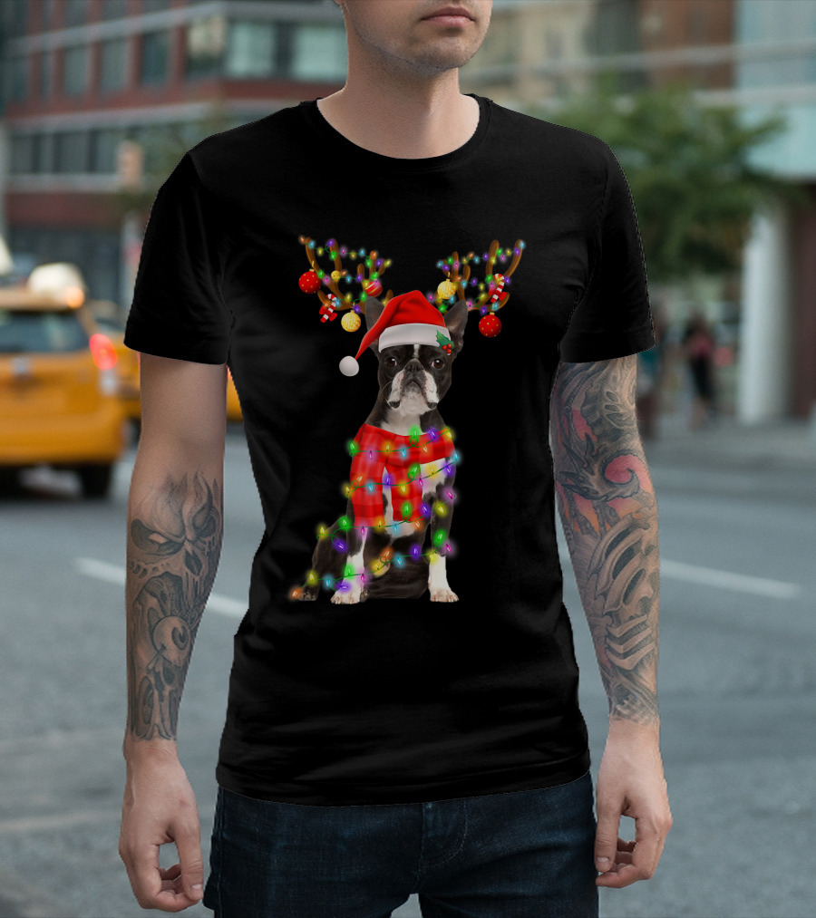 Funny Boston Terrier Christmas Reindeer with Santa Hat and Holiday Lights T-Shirt