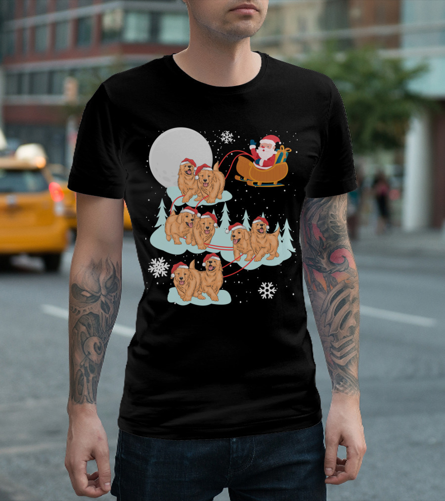 Funny Christmas Golden Retriever Santa Sleigh Holiday Scene T-Shirt
