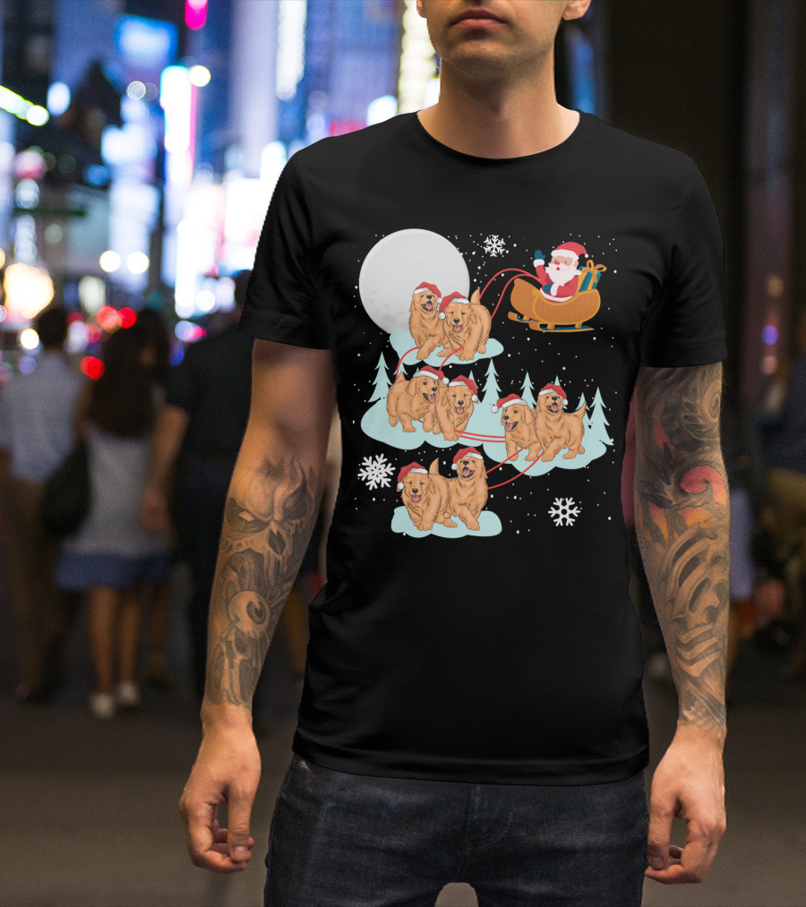 Funny Christmas Golden Retriever Santa Sleigh Holiday Scene T-Shirt