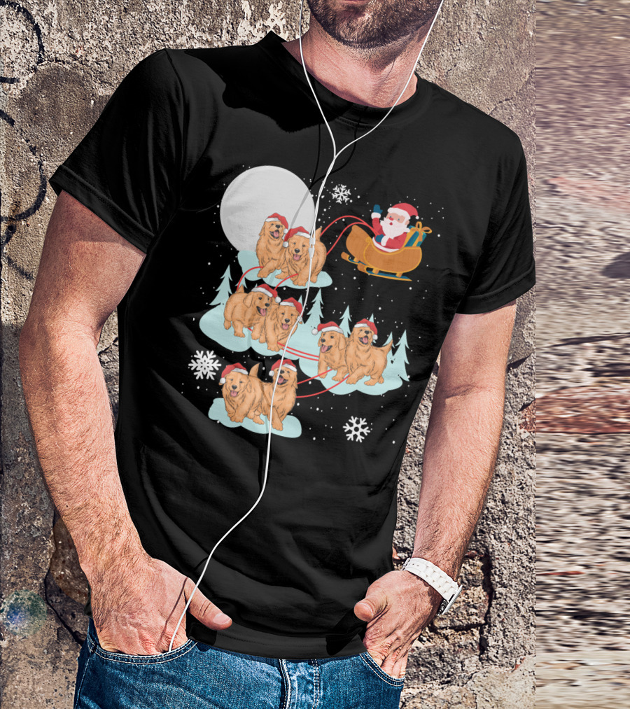 Funny Christmas Golden Retriever Santa Sleigh Holiday Scene T-Shirt