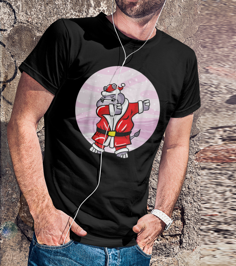 Funny Dabbing Christmas Santa Claus Hippo With Red Santa Suit T-Shirt