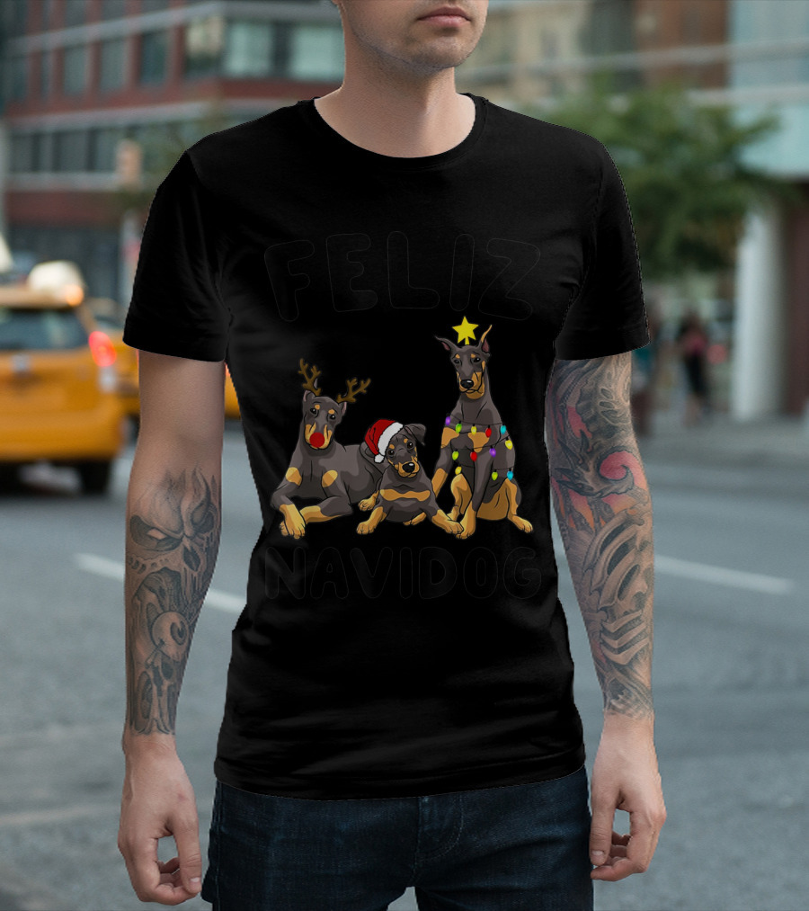 Feliz Navidog Doberman Pinscher with Reindeer Antlers Santa Hat and Christmas Lights T-Shirt