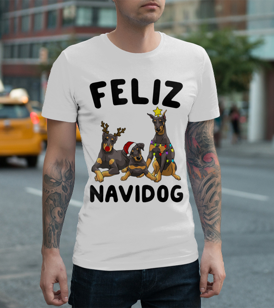 Feliz Navidog Doberman Pinscher with Reindeer Antlers Santa Hat and Christmas Lights T-Shirt