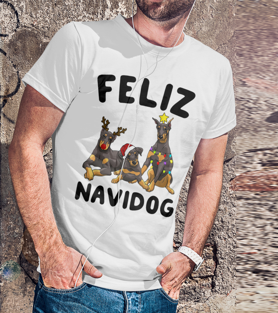 Feliz Navidog Doberman Pinscher With Reindeer Antlers Santa Hat And Christmas Lights T-Shirt