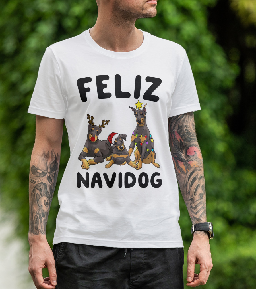 Feliz Navidog Doberman Pinscher With Reindeer Antlers Santa Hat And Christmas Lights T-Shirt