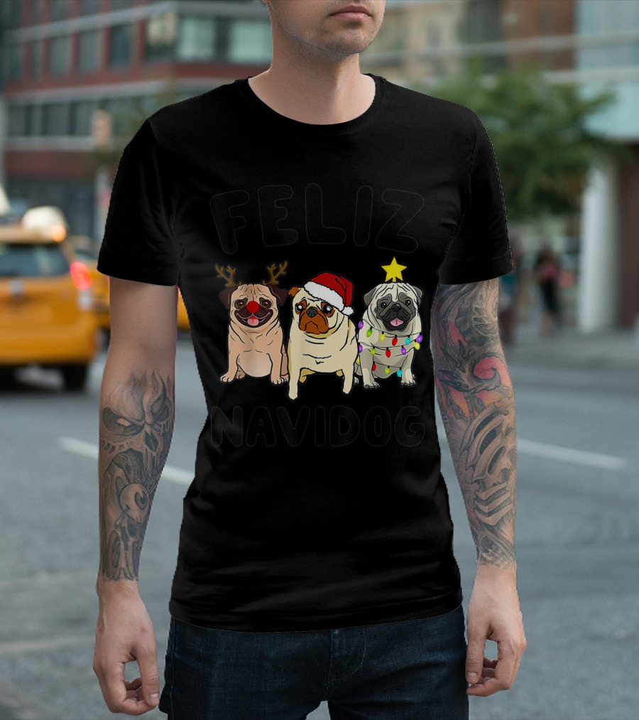 Feliz Navidog Pugs Christmas Antlers Santa Hat Lights T-Shirt