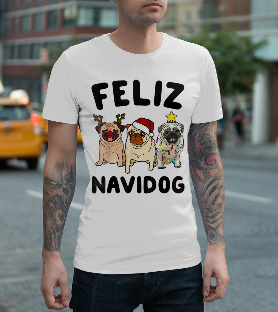 Feliz Navidog Pugs Christmas Antlers Santa Hat Lights T-Shirt