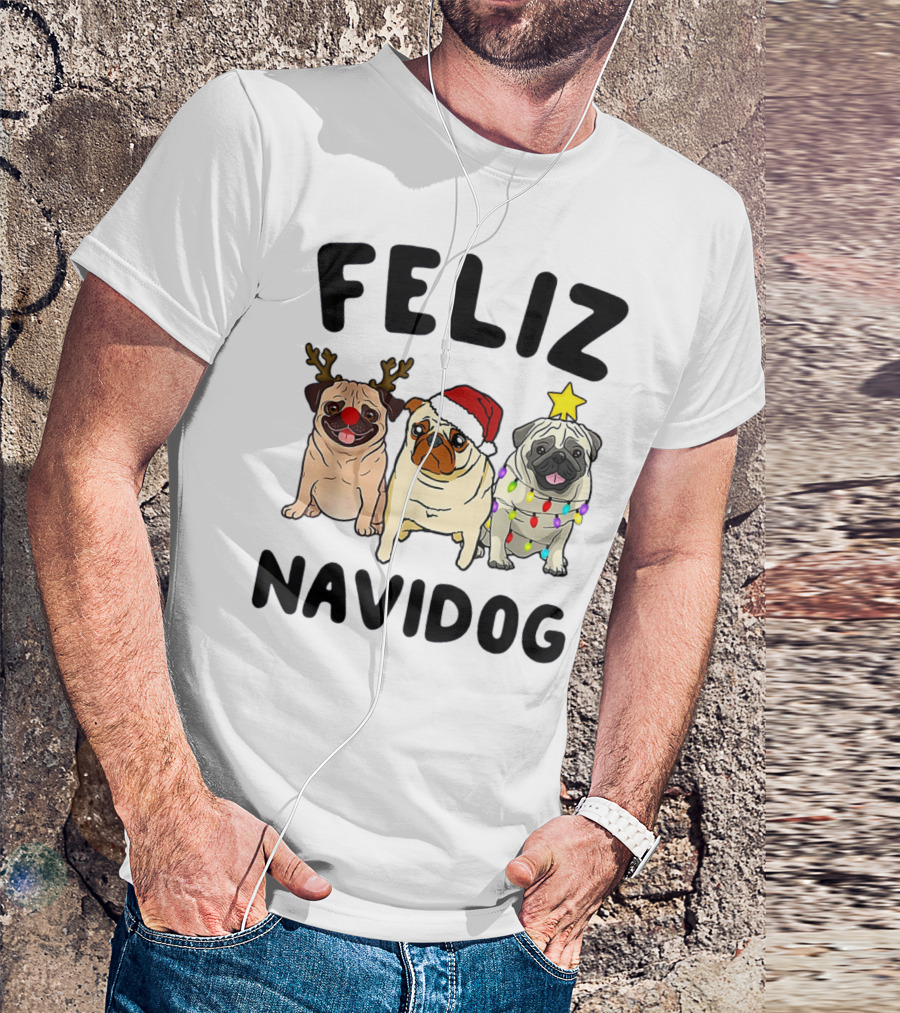 Feliz Navidog Pugs Christmas Antlers Santa Hat Lights T-Shirt