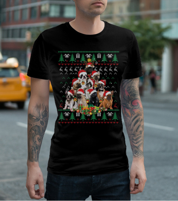 French Bulldog Christmas Tree With Santa Hats T-Shirt