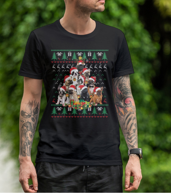 French Bulldog Christmas Tree With Santa Hats T-Shirt
