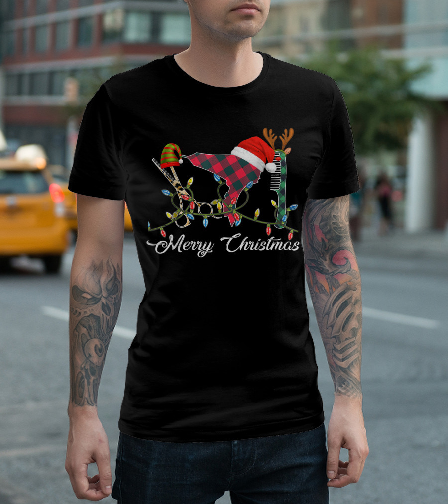Merry Christmas Hair Stylist Tools with Santa Hat Scissors and Antler Comb T-Shirt